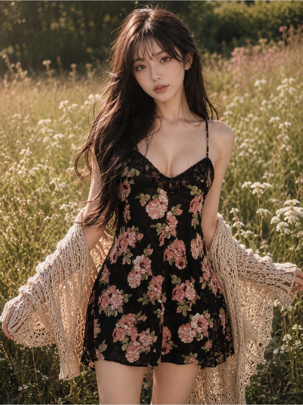 Moonlit Meadow Romantic floral flowy lace trimmed mini swing cami slip dress